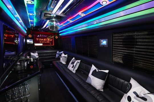 Party Bus Excursion Disco Ball, Limo Seating, Bar, & LED Lights